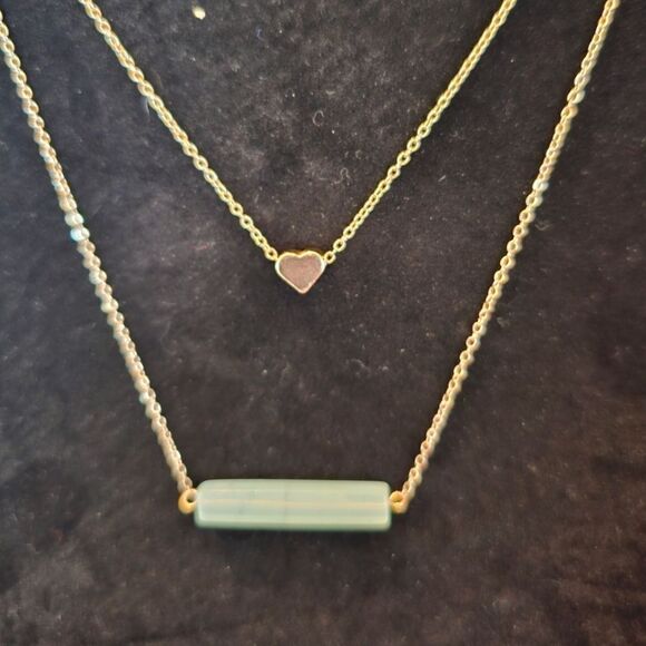 Aqua Blue Stone Bar Necklace and Floating Heart Necklace - Picture 6 of 8
